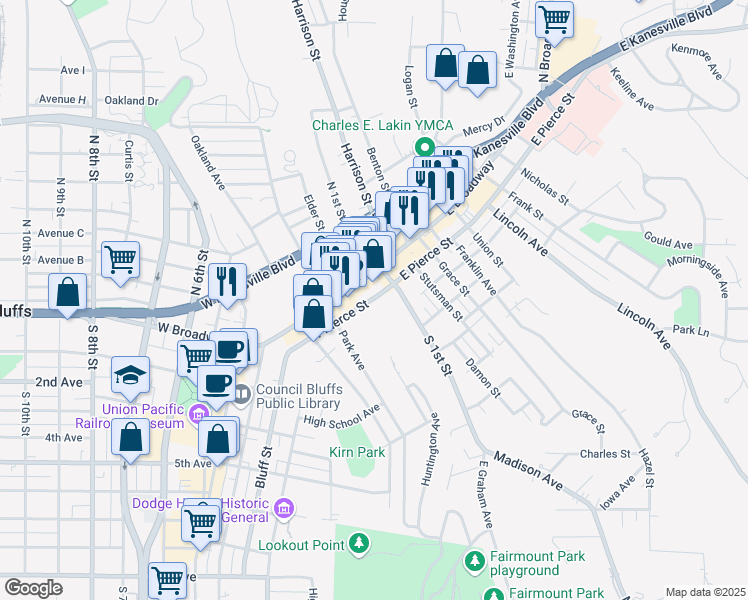 map of restaurants, bars, coffee shops, grocery stores, and more near 125 West Pierce Street in Council Bluffs