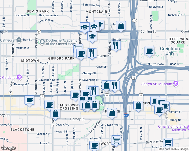 map of restaurants, bars, coffee shops, grocery stores, and more near 3166 Davenport Street in Omaha