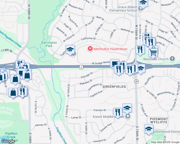 map of restaurants, bars, coffee shops, grocery stores, and more near 16110 Chicago Street in Omaha