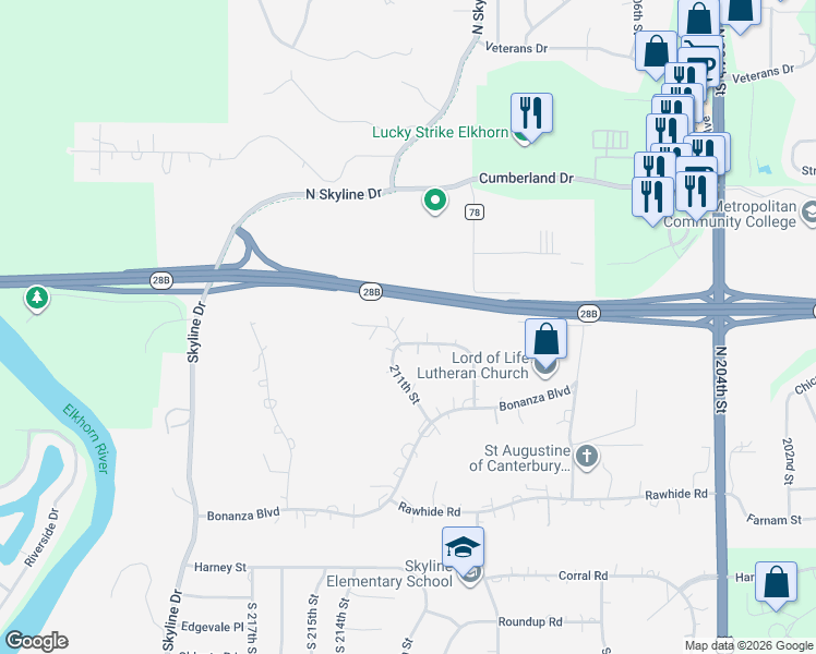 map of restaurants, bars, coffee shops, grocery stores, and more near 21010 Shiloh Circle in Omaha