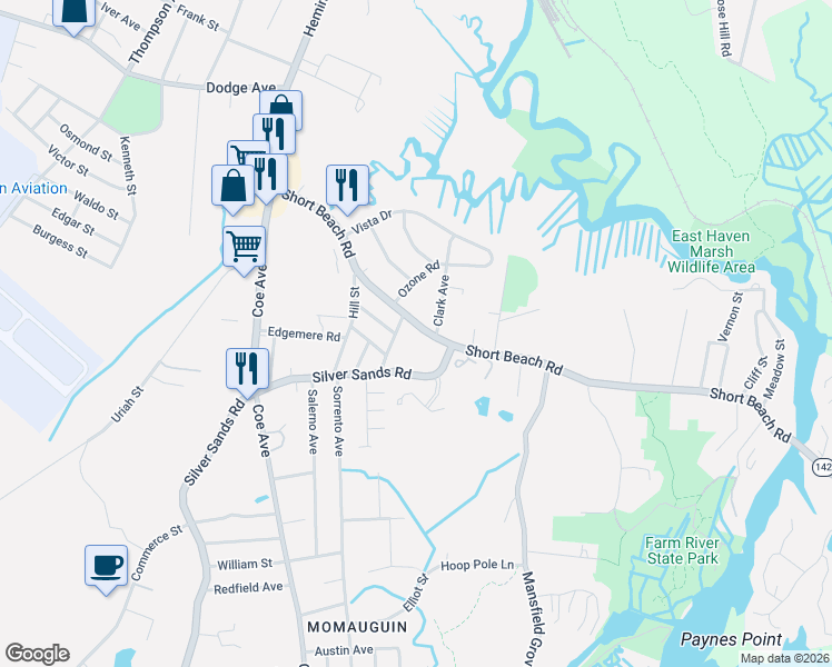 map of restaurants, bars, coffee shops, grocery stores, and more near 330 Short Beach Road in East Haven