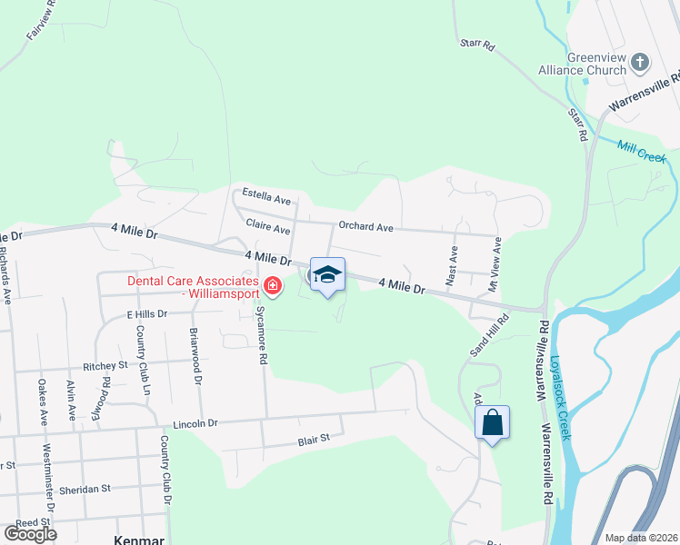 map of restaurants, bars, coffee shops, grocery stores, and more near 2800 4 Mile Drive in Williamsport