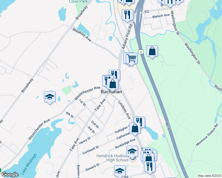 map of restaurants, bars, coffee shops, grocery stores, and more near in Buchanan