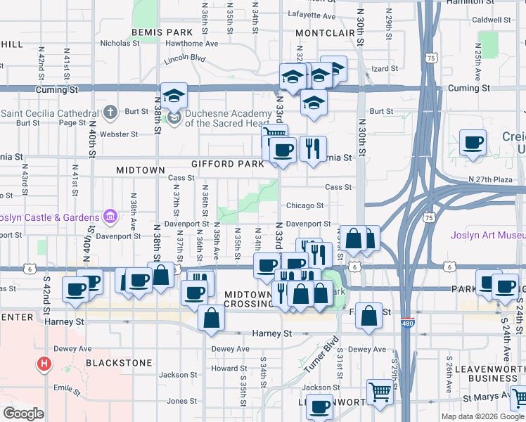 map of restaurants, bars, coffee shops, grocery stores, and more near 3320 Davenport Street in Omaha