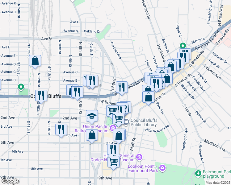 map of restaurants, bars, coffee shops, grocery stores, and more near 532 West Kanesville Boulevard in Council Bluffs