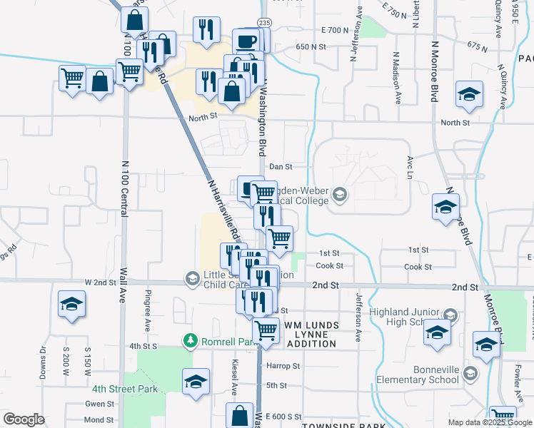 map of restaurants, bars, coffee shops, grocery stores, and more near 150 North Washington Boulevard in Ogden