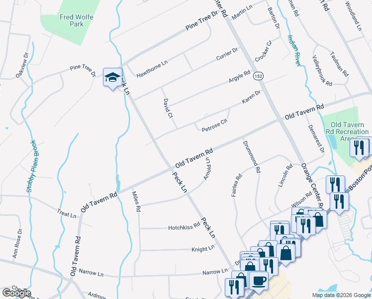 map of restaurants, bars, coffee shops, grocery stores, and more near 281 Old Tavern Road in Orange
