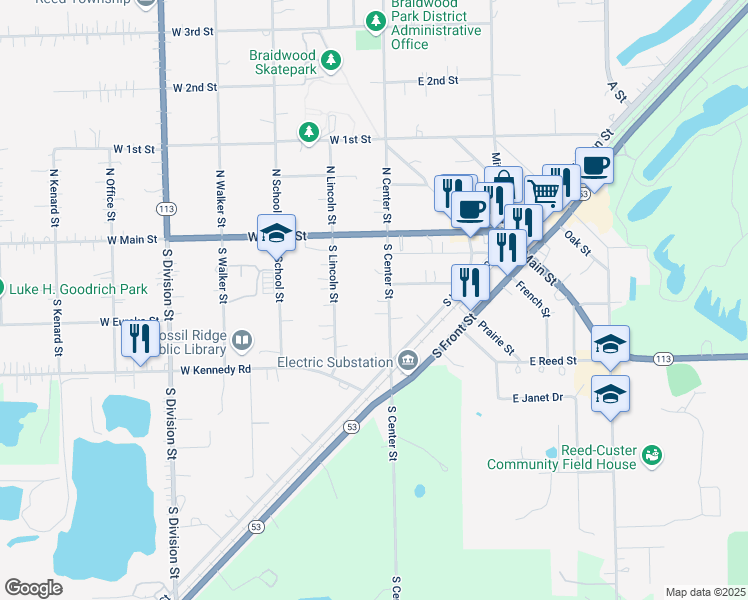 map of restaurants, bars, coffee shops, grocery stores, and more near 238 South Center Street in Braidwood