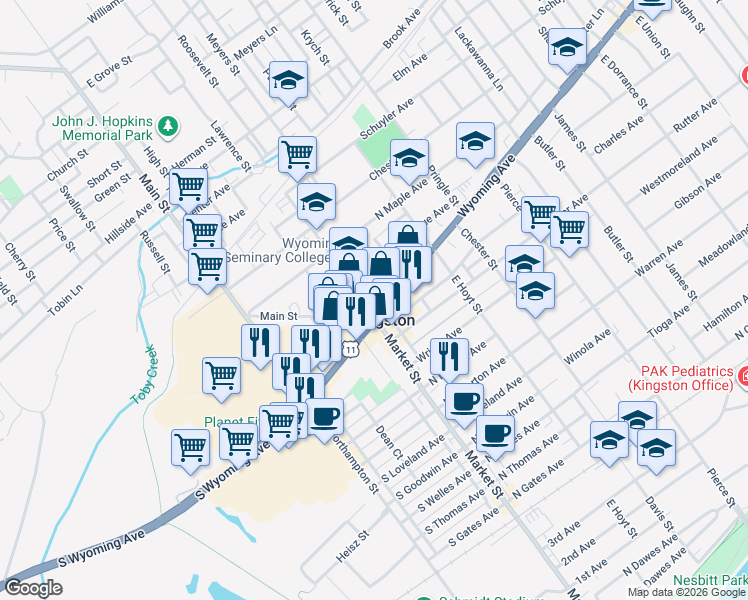 map of restaurants, bars, coffee shops, grocery stores, and more near in Kingston