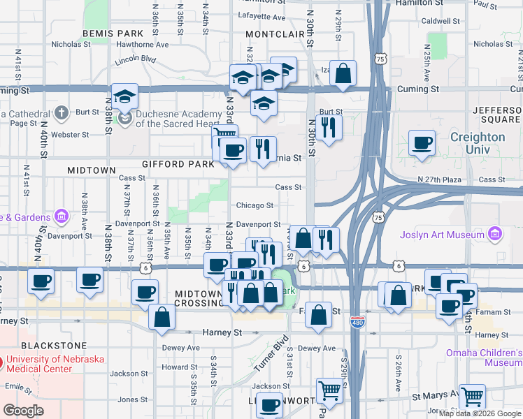 map of restaurants, bars, coffee shops, grocery stores, and more near 3166 Davenport Street in Omaha