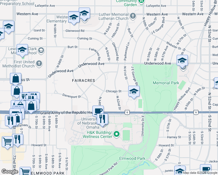 map of restaurants, bars, coffee shops, grocery stores, and more near 402 Fairacres Road in Omaha