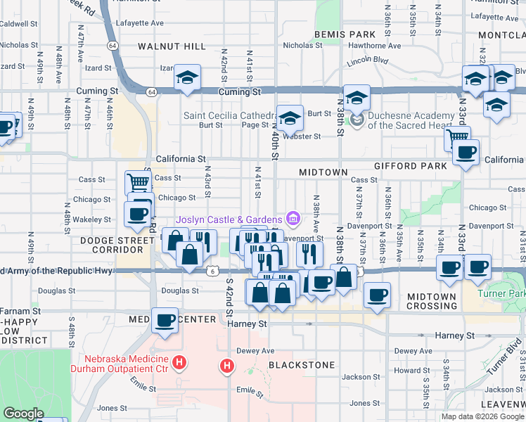 map of restaurants, bars, coffee shops, grocery stores, and more near 6 North 40th Street in Omaha