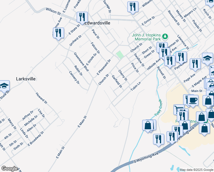 map of restaurants, bars, coffee shops, grocery stores, and more near Elm Street in Luzerne County