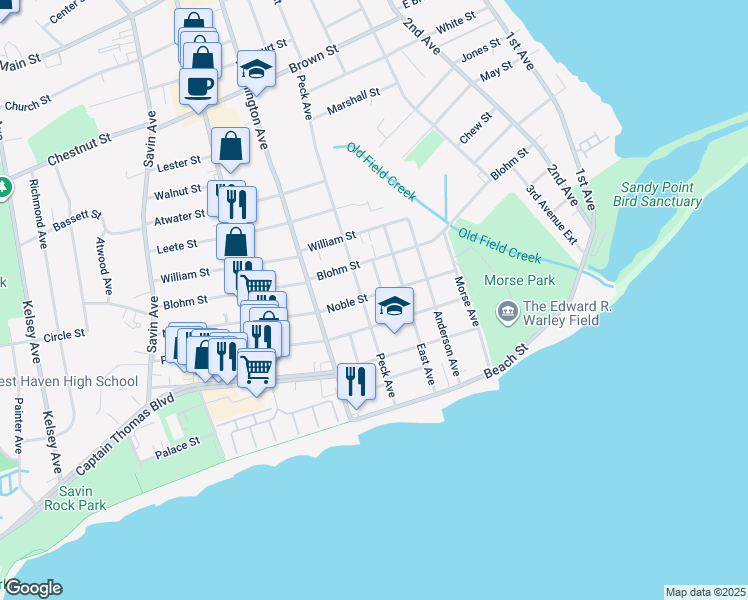 map of restaurants, bars, coffee shops, grocery stores, and more near 51 Park Street in West Haven