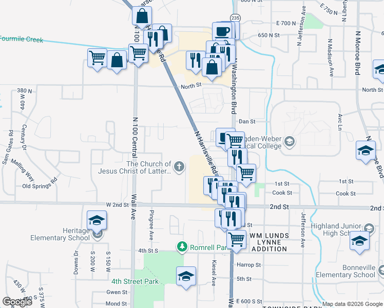 map of restaurants, bars, coffee shops, grocery stores, and more near 165 North Harrisville Road in Ogden