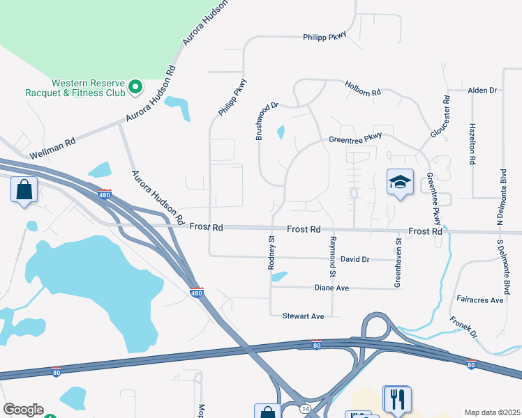 map of restaurants, bars, coffee shops, grocery stores, and more near 9975 Greentree Parkway in Streetsboro