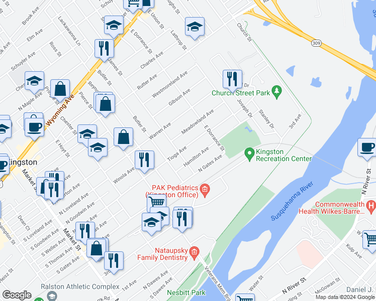 map of restaurants, bars, coffee shops, grocery stores, and more near 543 Tioga Avenue in Kingston