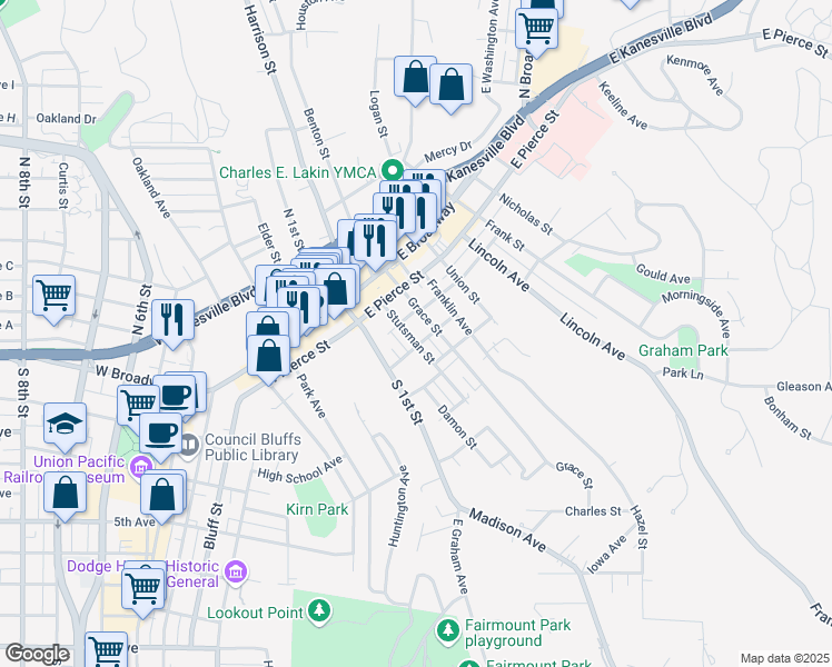 map of restaurants, bars, coffee shops, grocery stores, and more near 131 Platner Street in Council Bluffs