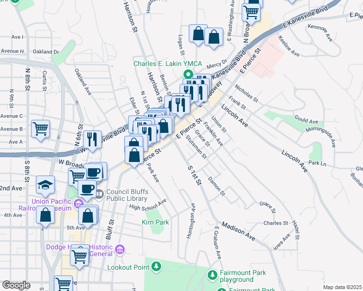 map of restaurants, bars, coffee shops, grocery stores, and more near 2014 South 1st Street in Council Bluffs