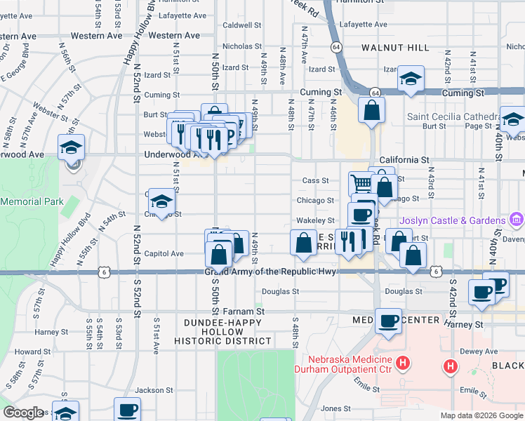 map of restaurants, bars, coffee shops, grocery stores, and more near 4821 Chicago Street in Omaha