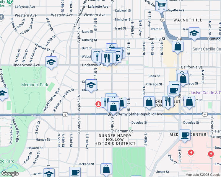 map of restaurants, bars, coffee shops, grocery stores, and more near 5007 Chicago Street in Omaha