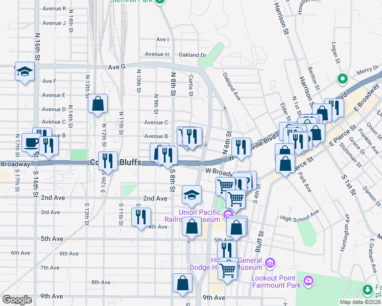 map of restaurants, bars, coffee shops, grocery stores, and more near 724 Creek Top in Council Bluffs