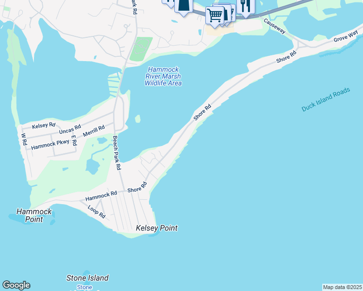 map of restaurants, bars, coffee shops, grocery stores, and more near 55 Shore Road in Clinton