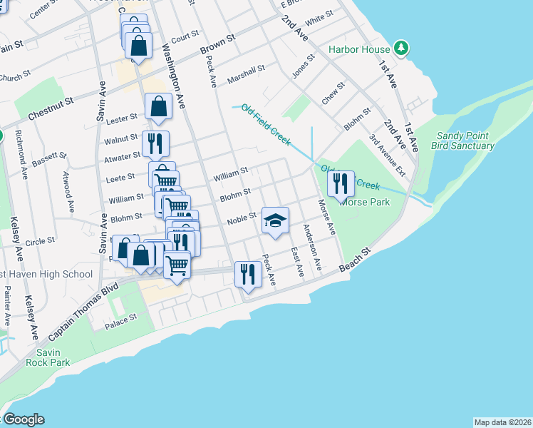 map of restaurants, bars, coffee shops, grocery stores, and more near 86 Noble Street in West Haven