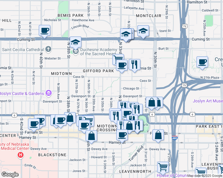 map of restaurants, bars, coffee shops, grocery stores, and more near in Omaha