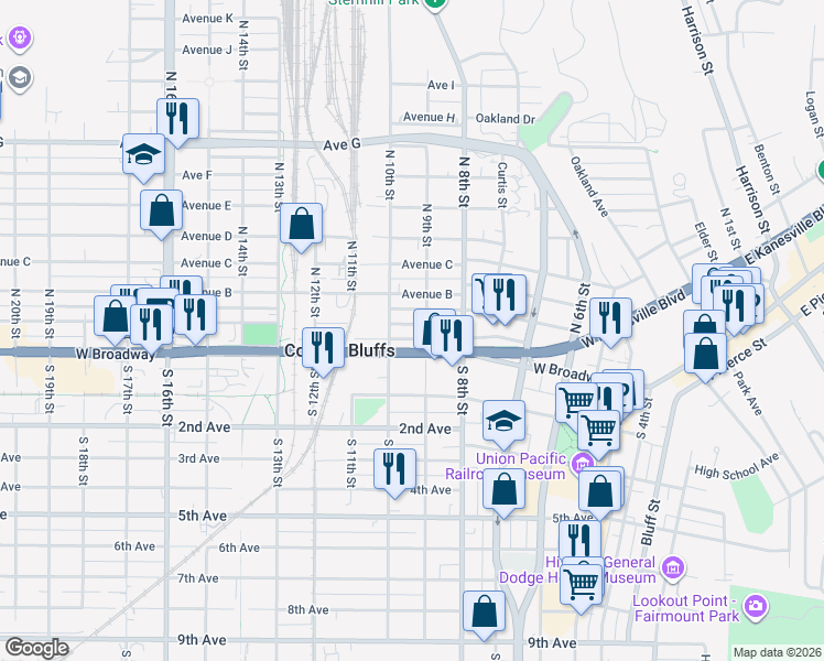 map of restaurants, bars, coffee shops, grocery stores, and more near 901 West Broadway in Council Bluffs