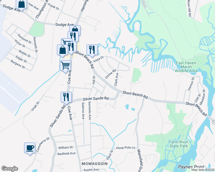 map of restaurants, bars, coffee shops, grocery stores, and more near 330 Short Beach Road in East Haven