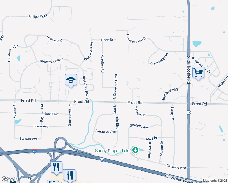 map of restaurants, bars, coffee shops, grocery stores, and more near 1069 Frost Road in Streetsboro