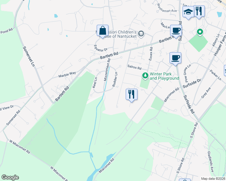 map of restaurants, bars, coffee shops, grocery stores, and more near 26 Mizzenmast Road in Nantucket