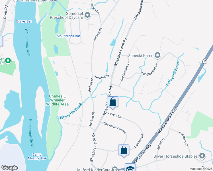 map of restaurants, bars, coffee shops, grocery stores, and more near 918 Wheelers Farm Road in Milford
