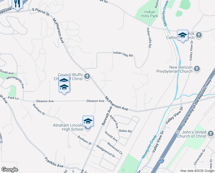 map of restaurants, bars, coffee shops, grocery stores, and more near 103 Shaley Circle in Council Bluffs