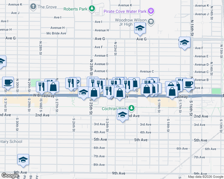 map of restaurants, bars, coffee shops, grocery stores, and more near West Broadway in Council Bluffs