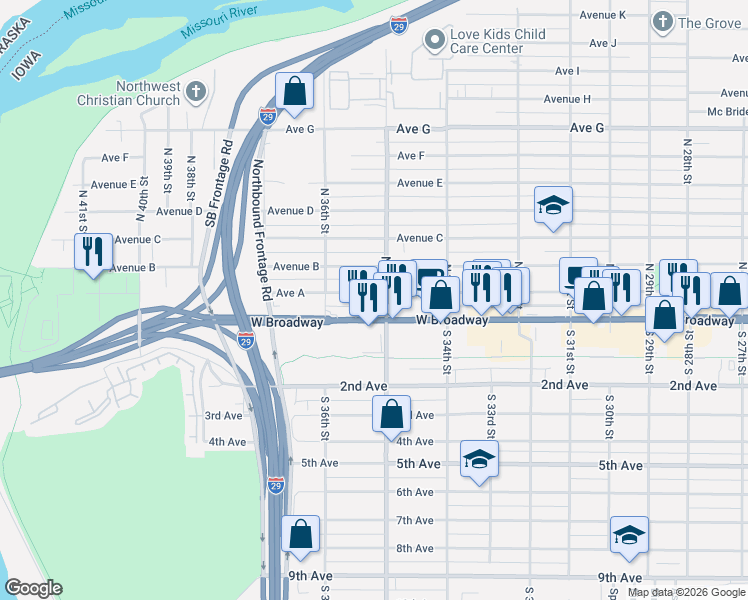 map of restaurants, bars, coffee shops, grocery stores, and more near 3514 West Broadway in Council Bluffs