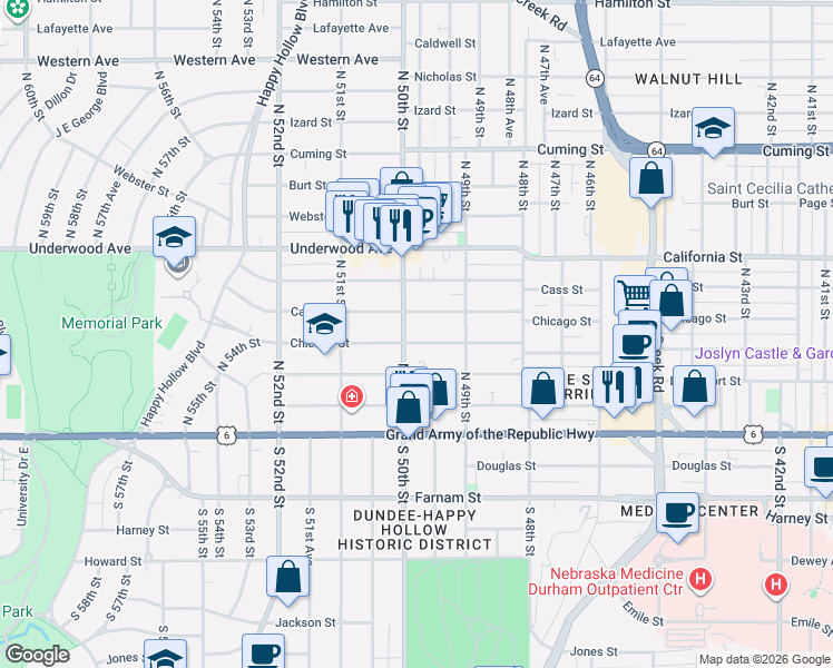 map of restaurants, bars, coffee shops, grocery stores, and more near 4919 Chicago Street in Omaha