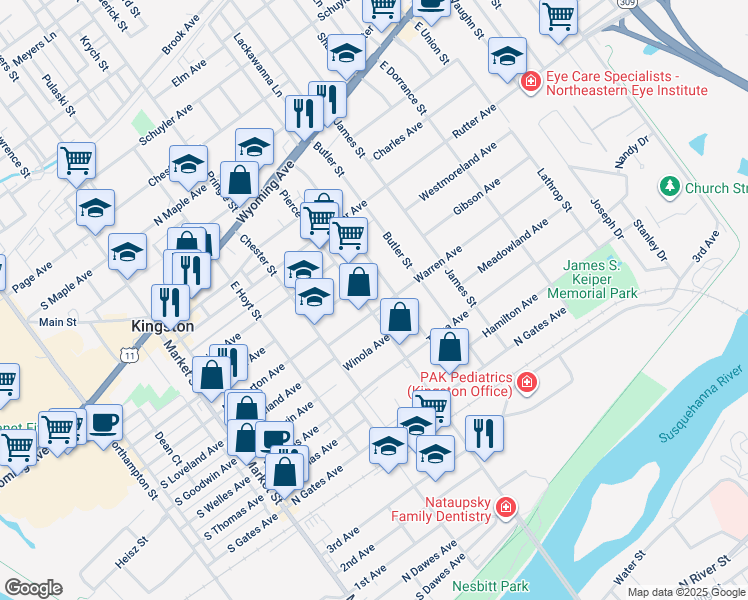 map of restaurants, bars, coffee shops, grocery stores, and more near 280 Pierce Street in Kingston