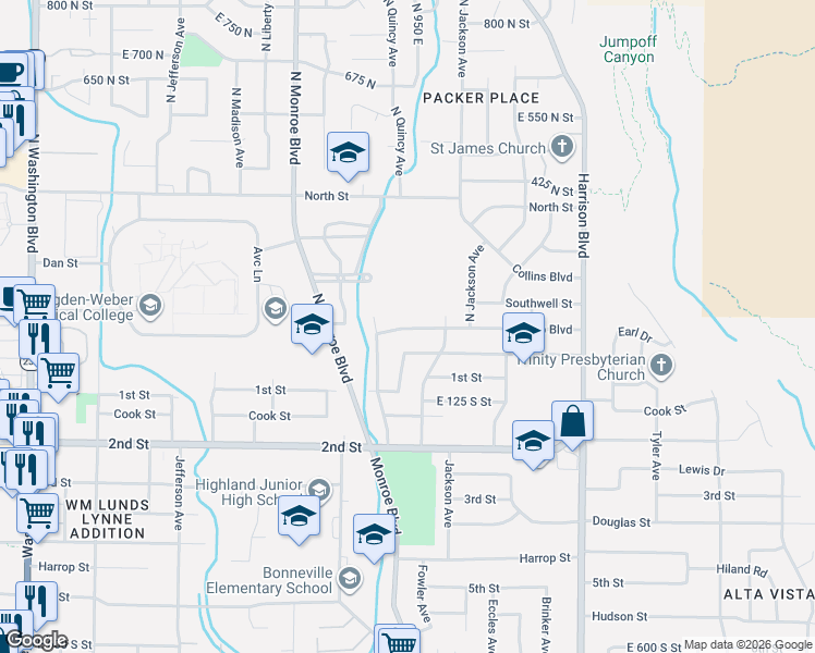 map of restaurants, bars, coffee shops, grocery stores, and more near 931 Rancho Boulevard in Ogden