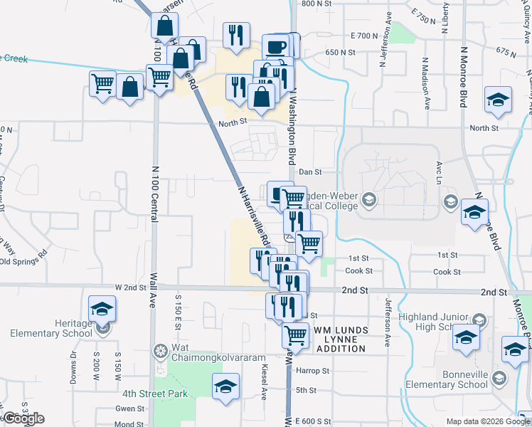 map of restaurants, bars, coffee shops, grocery stores, and more near 145 North Washington Boulevard in Ogden