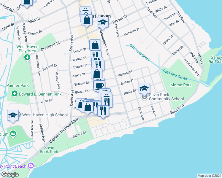 map of restaurants, bars, coffee shops, grocery stores, and more near 196 Noble Street in West Haven