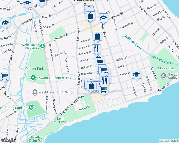 map of restaurants, bars, coffee shops, grocery stores, and more near 452 Blohm Street in West Haven