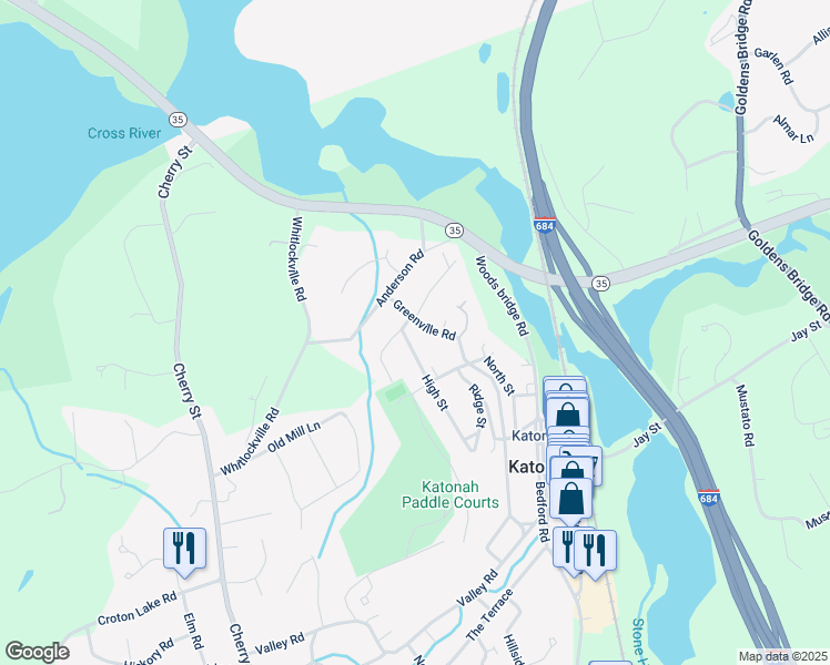 map of restaurants, bars, coffee shops, grocery stores, and more near 50 High Street in Katonah