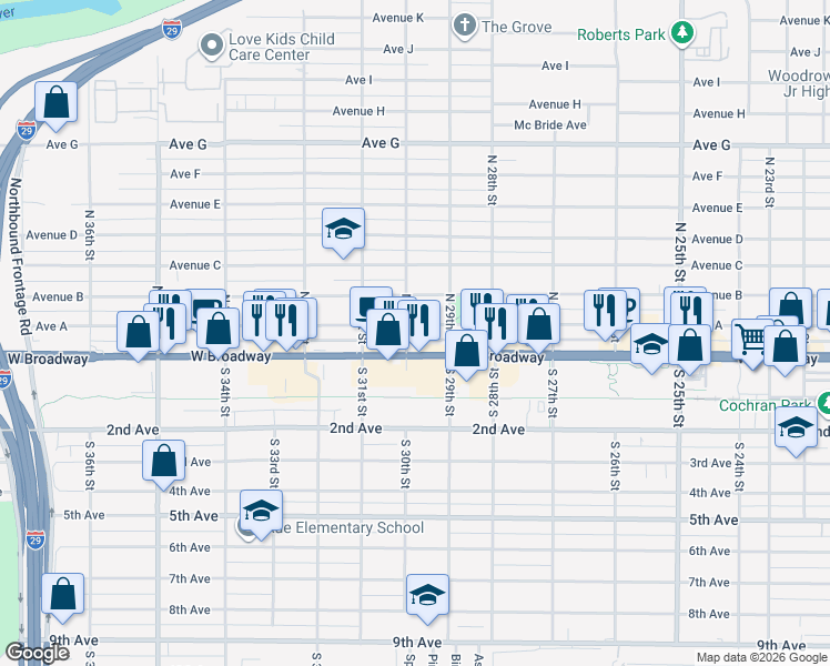 map of restaurants, bars, coffee shops, grocery stores, and more near 2932 West Broadway in Council Bluffs