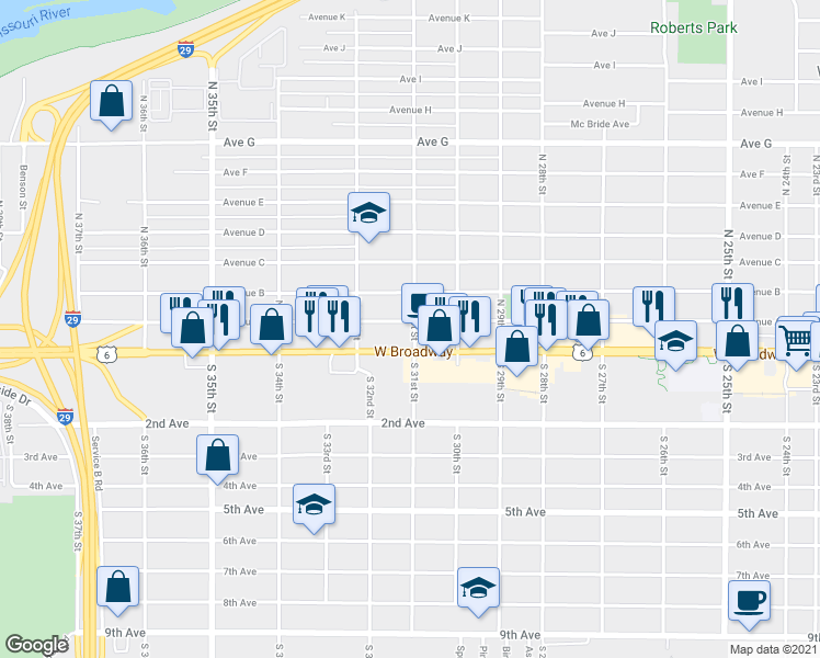 map of restaurants, bars, coffee shops, grocery stores, and more near 3135 West Broadway in Council Bluffs