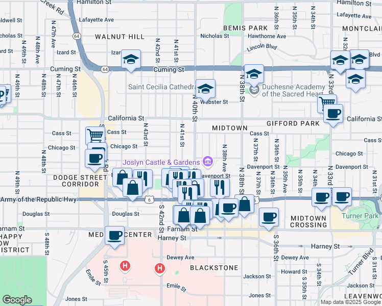 map of restaurants, bars, coffee shops, grocery stores, and more near 6 North 40th Street in Omaha