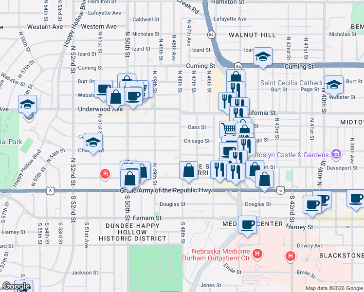 map of restaurants, bars, coffee shops, grocery stores, and more near 4719 Wakeley Street in Omaha