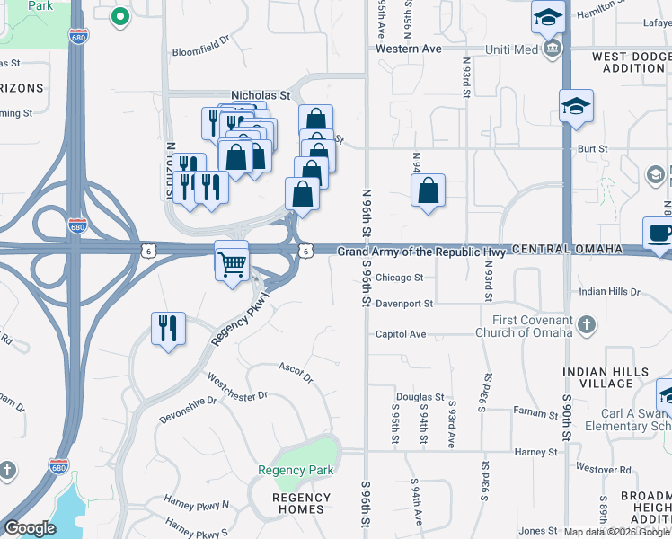map of restaurants, bars, coffee shops, grocery stores, and more near 318 North 96th Street in Omaha