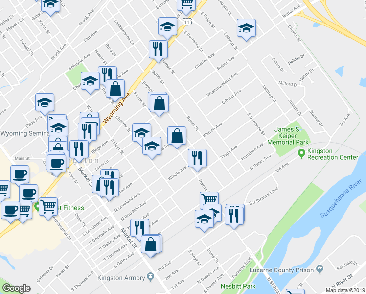 map of restaurants, bars, coffee shops, grocery stores, and more near 418 Warren Avenue in Kingston
